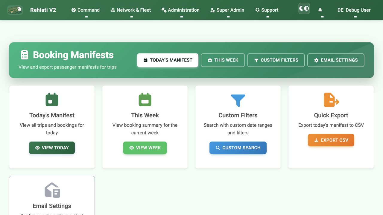 Rehlati v2 booking manifest controls