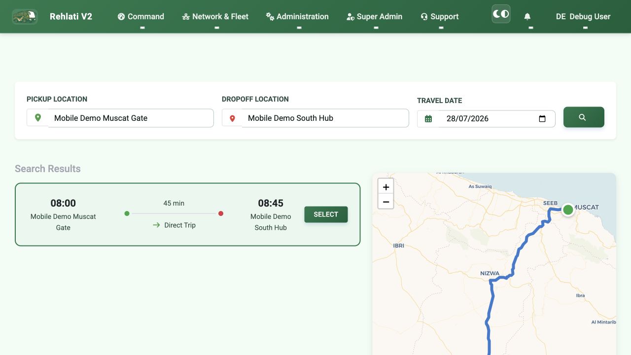 Rehlati v2 journey search and booking workspace